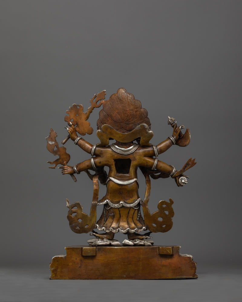 Hand-Carved Oxidized White Mahakala Statue | Silver-Plated Tibetan Sculpture