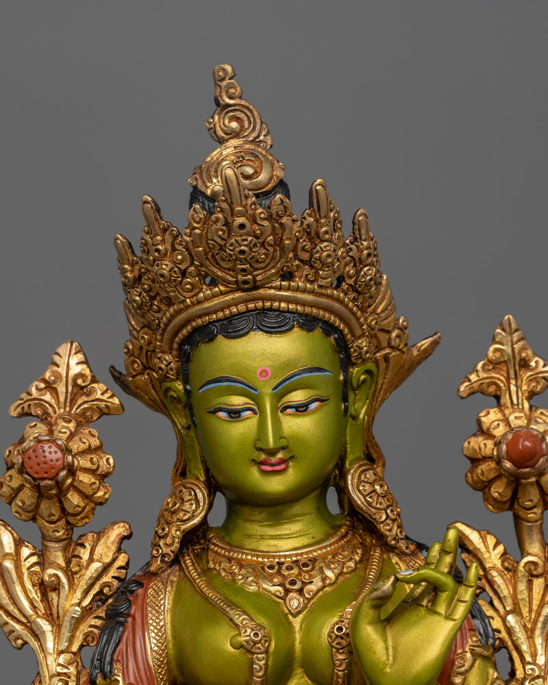 Hand-Carved Liberation Green Tara Statue | 24K Gold Gilded Tibetan Sculpture