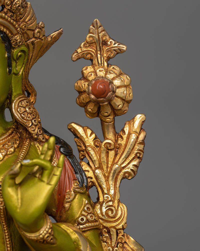 Hand-Carved Liberation Green Tara Statue | 24K Gold Gilded Tibetan Sculpture