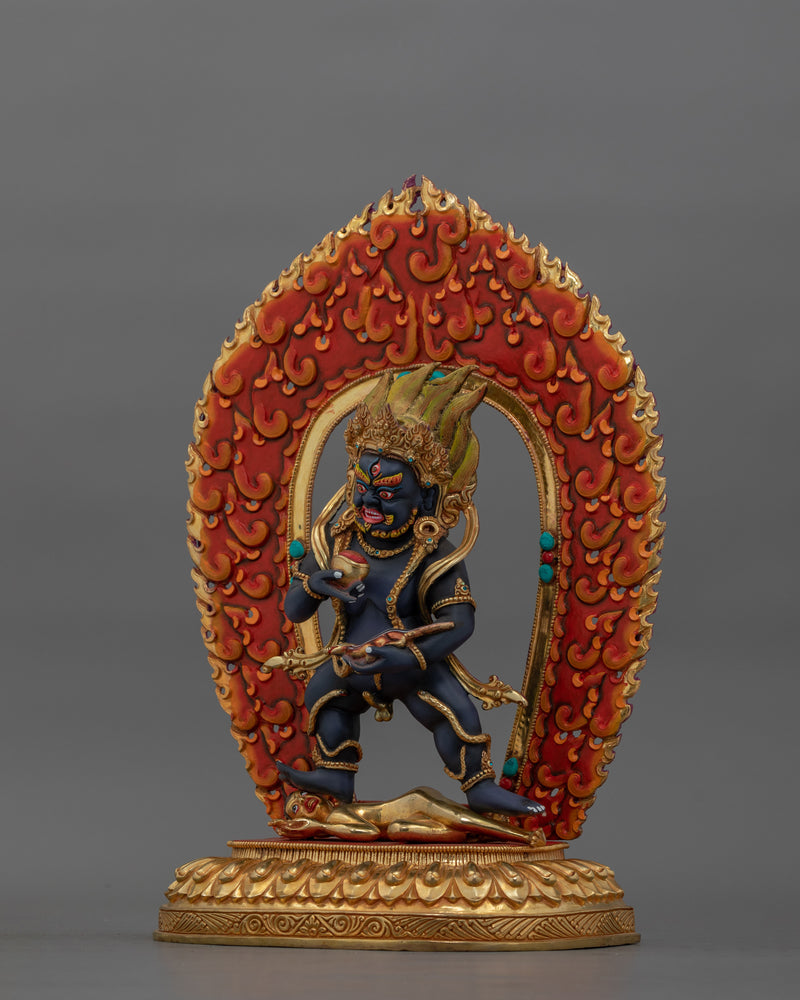 Hand-Carved Wrathful Black Dzambhala Statue | 24K Gold Gilded Tibetan Sculpture