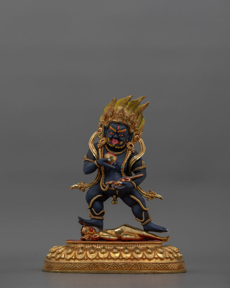 Hand-Carved Wrathful Black Dzambhala Statue | 24K Gold Gilded Tibetan Sculpture