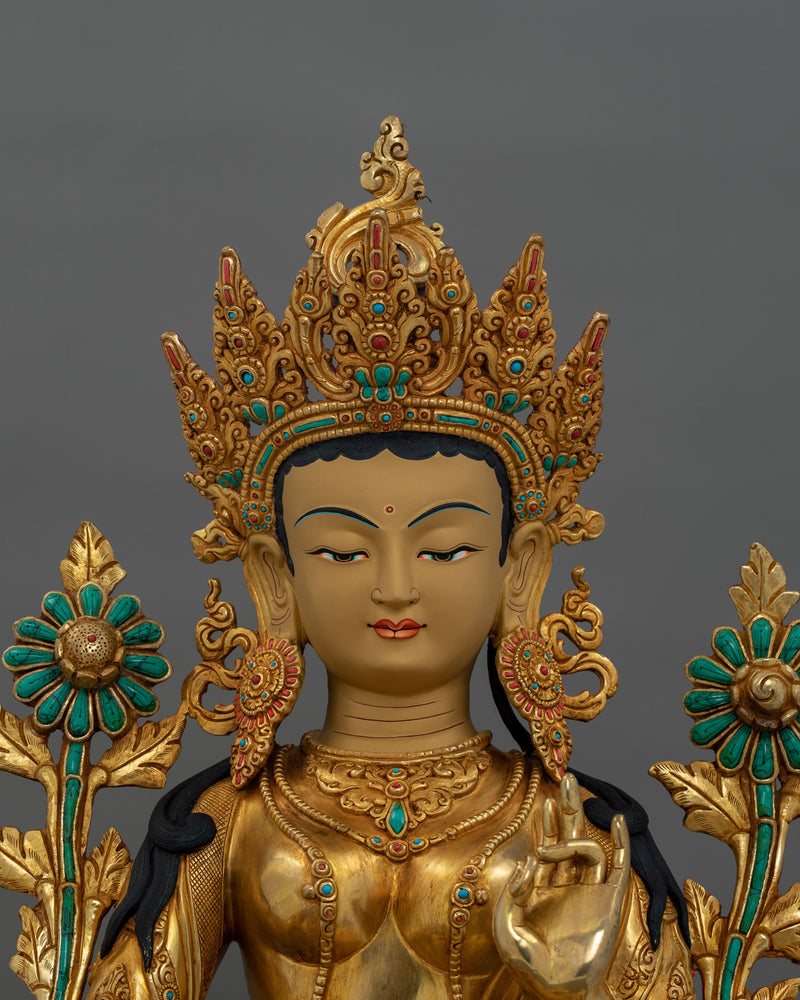 24K Gold Gilded Green Tara Tibetan Goddess | Compassionate Buddha