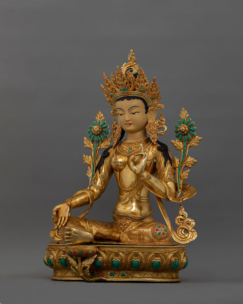 24K Gold Gilded Green Tara Tibetan Goddess | Compassionate Buddha