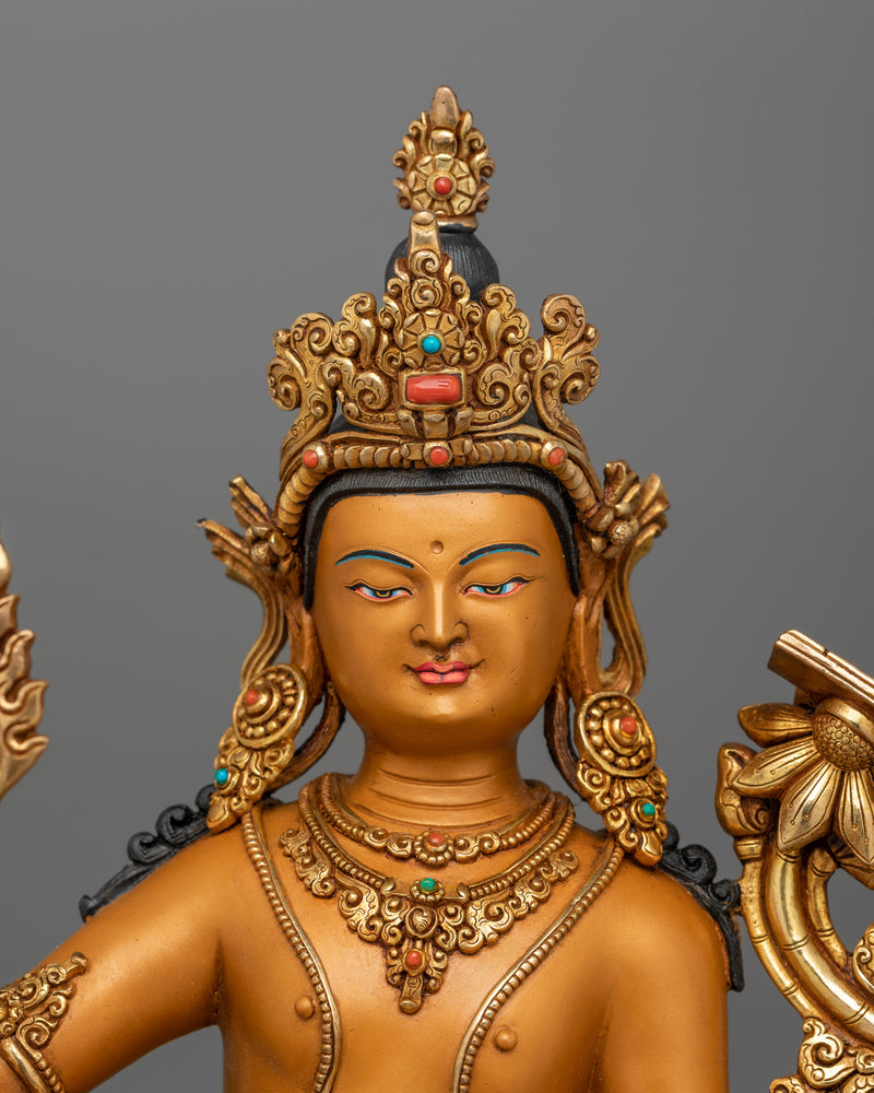 Tibetan Manjushri Deity of Knowledge Statue | 24K Gold Gilded  Sculpture