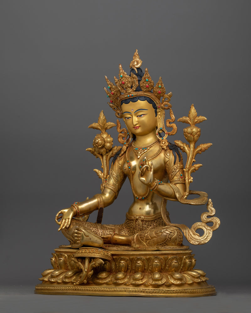 Handcarved Compassionate Green Tara for Shrine | 24K Gold Gilded Tibetan Sculpture