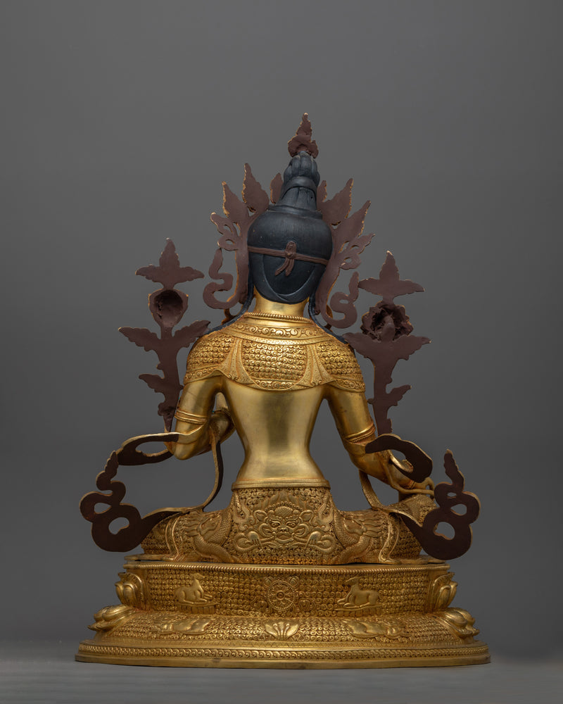 Handcarved Compassionate Green Tara for Shrine | 24K Gold Gilded Tibetan Sculpture