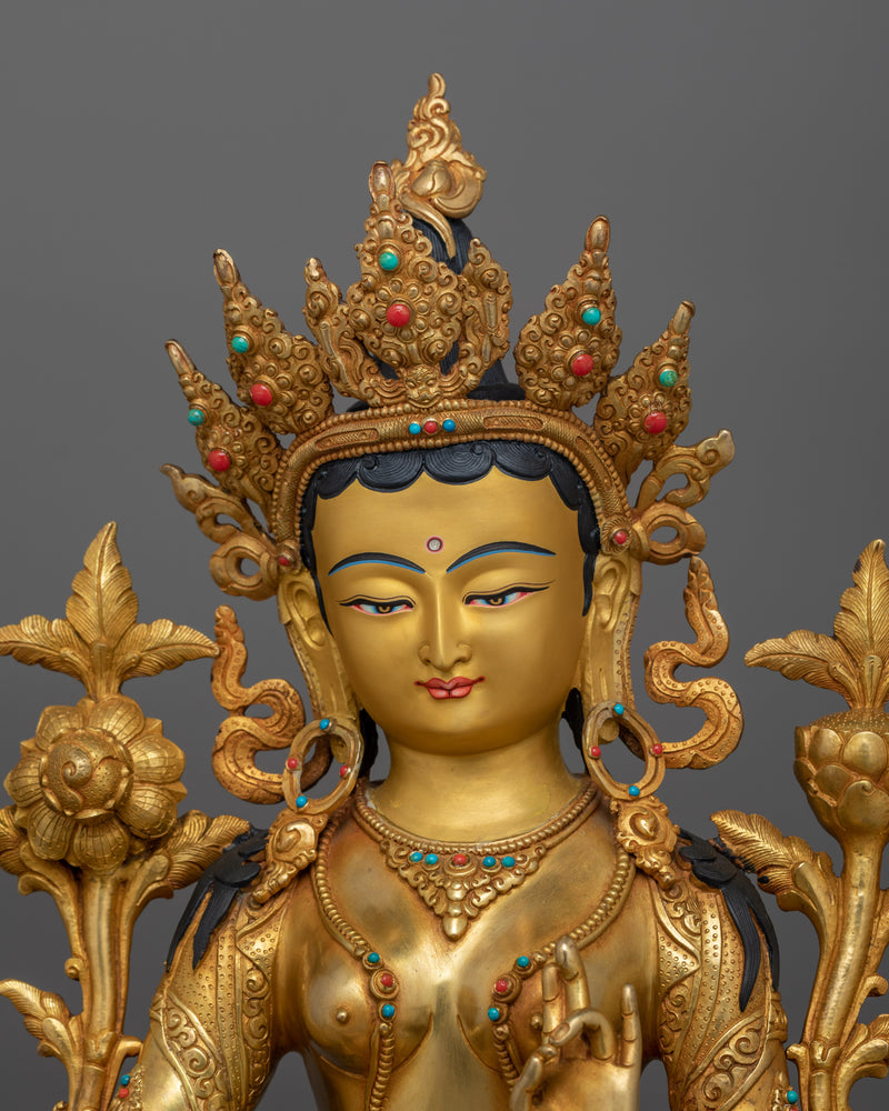 Handcarved Compassionate Green Tara for Shrine | 24K Gold Gilded Tibetan Sculpture