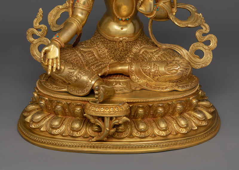 Handcarved Compassionate Green Tara for Shrine | 24K Gold Gilded Tibetan Sculpture