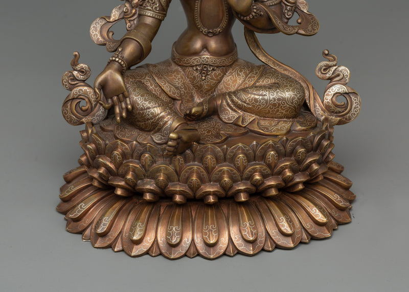 Green Tara Goddess Female Buddha | Silver-Plated Statue with Oxidized Copper Detailing