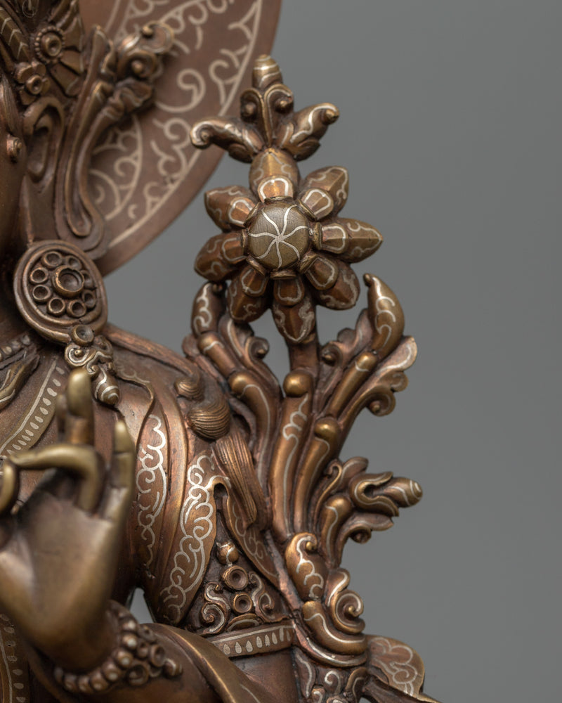 Green Tara Goddess Female Buddha | Silver-Plated Statue with Oxidized Copper Detailing