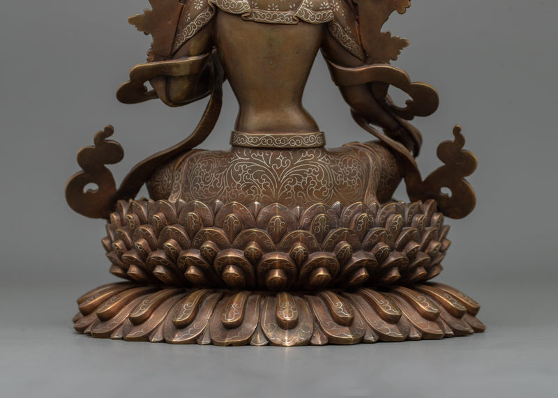 Green Tara Goddess Female Buddha | Silver-Plated Statue with Oxidized Copper Detailing