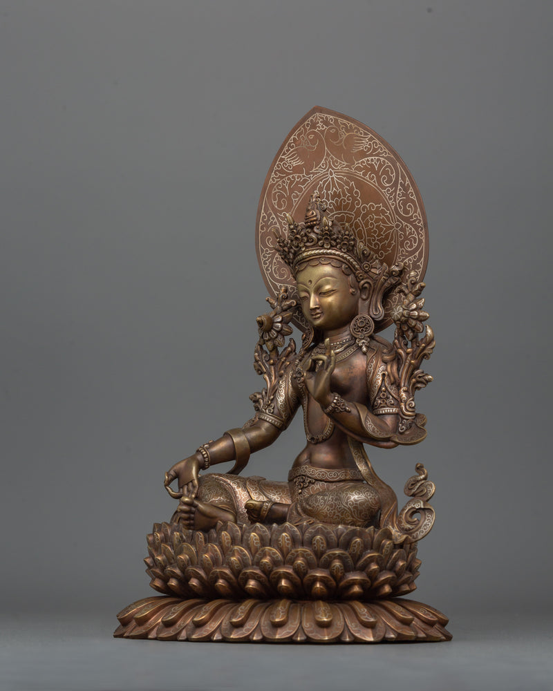 Green Tara Goddess Female Buddha | Silver-Plated Statue with Oxidized Copper Detailing