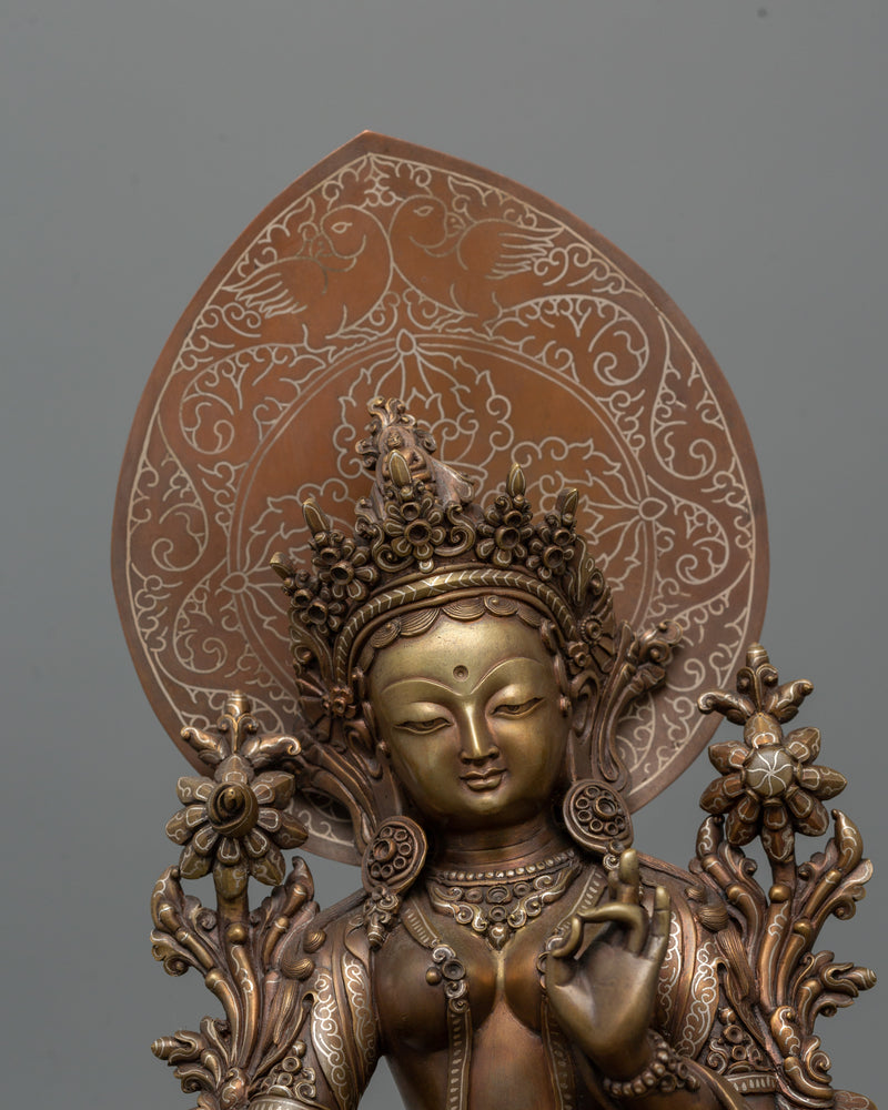 Green Tara Goddess Female Buddha | Silver-Plated Statue with Oxidized Copper Detailing