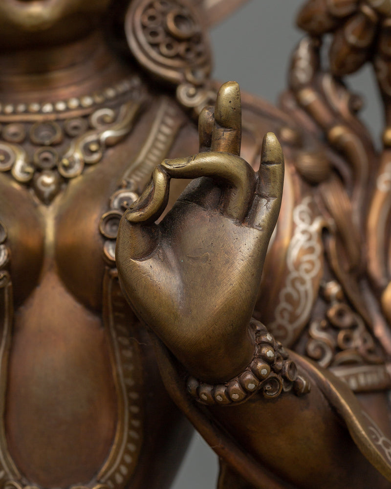 Green Tara Goddess Female Buddha | Silver-Plated Statue with Oxidized Copper Detailing