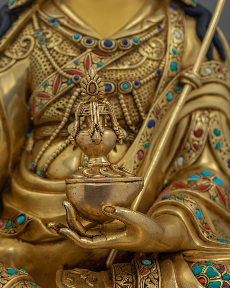 Guru Rinpoche Healing Gemstone Figure |  24K Gold Gilded with Hand-Carved Gemstones