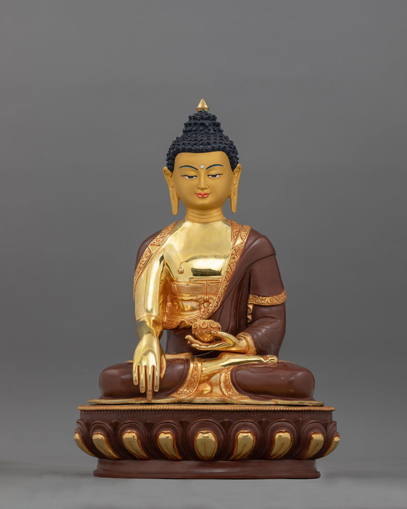 Gold Gilded Shakyamuni Buddha Statue Set | Oxidized Copper with 24K Gold