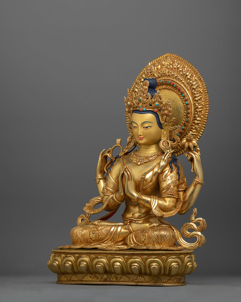 Handmade Tibetan Avalokiteshvara Chenrezig Statue | 24K Gold Gilded with Copper Body