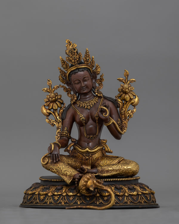 Green Tara Deity Statue in Oxidized Copper & 24K Gold