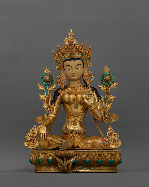 24K Gold Gilded Green Tara Tibetan Goddess | Compassionate Buddha