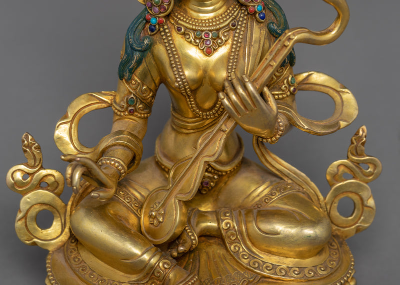 Saraswati Goddess Statue | 24K Gold Hand Carved Statue