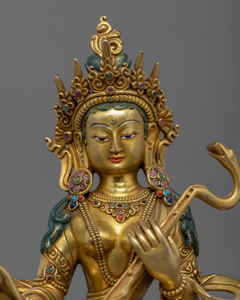 Saraswati Goddess Statue | 24K Gold Hand Carved Statue