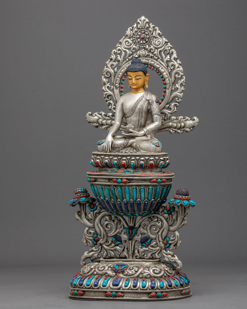 Tibetan Buddha Shakyamuni Sculpture | Silver Plated Himalayan Art