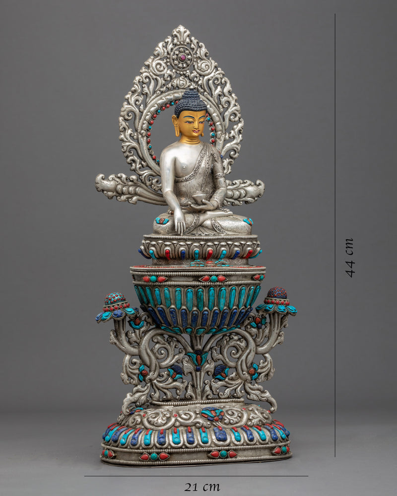 Tibetan Buddha Shakyamuni Sculpture | Silver Plated Himalayan Art