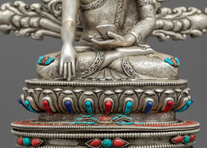 Tibetan Buddha Shakyamuni Sculpture | Silver Plated Himalayan Art