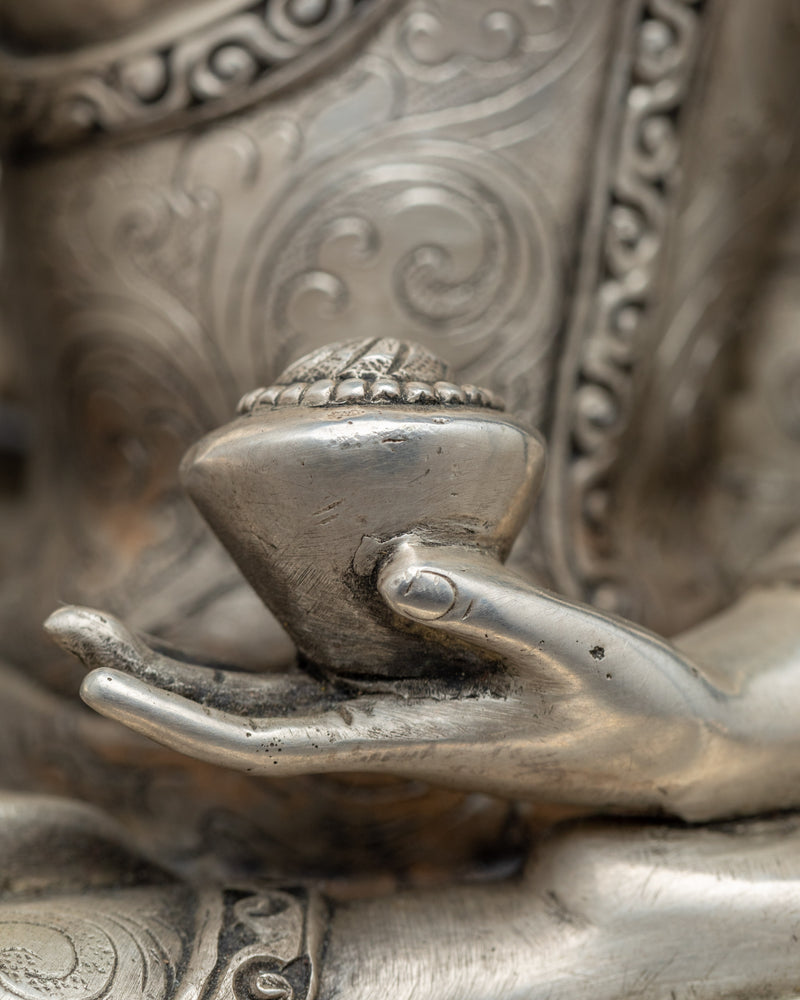 Tibetan Buddha Shakyamuni Sculpture | Silver Plated Himalayan Art