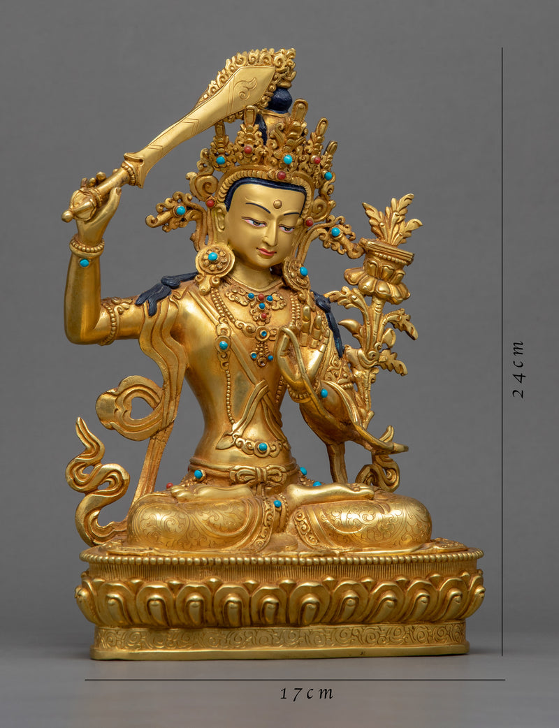 Gold-Gilded Statue For Manjushri Buddha Mantra | Bodhisattva Of Compassion