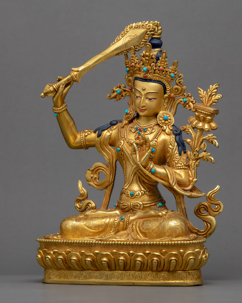 Gold-Gilded Statue For Manjushri Buddha Mantra | Bodhisattva Of Compassion