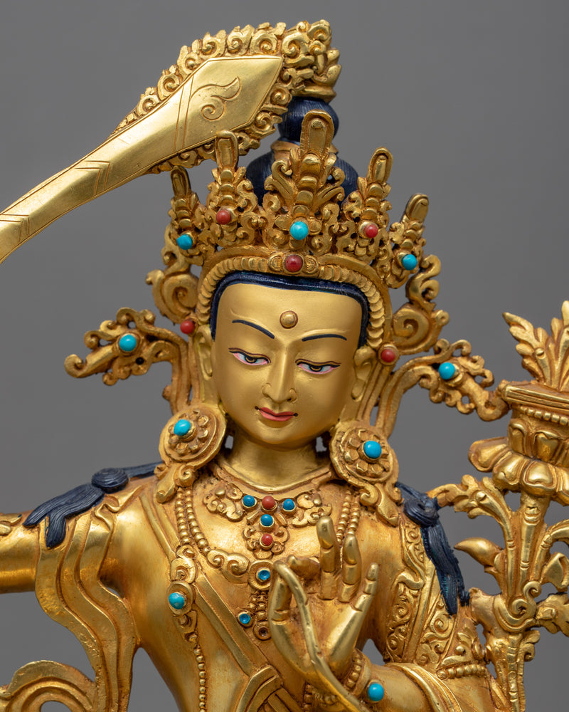 Gold-Gilded Statue For Manjushri Buddha Mantra | Bodhisattva Of Compassion