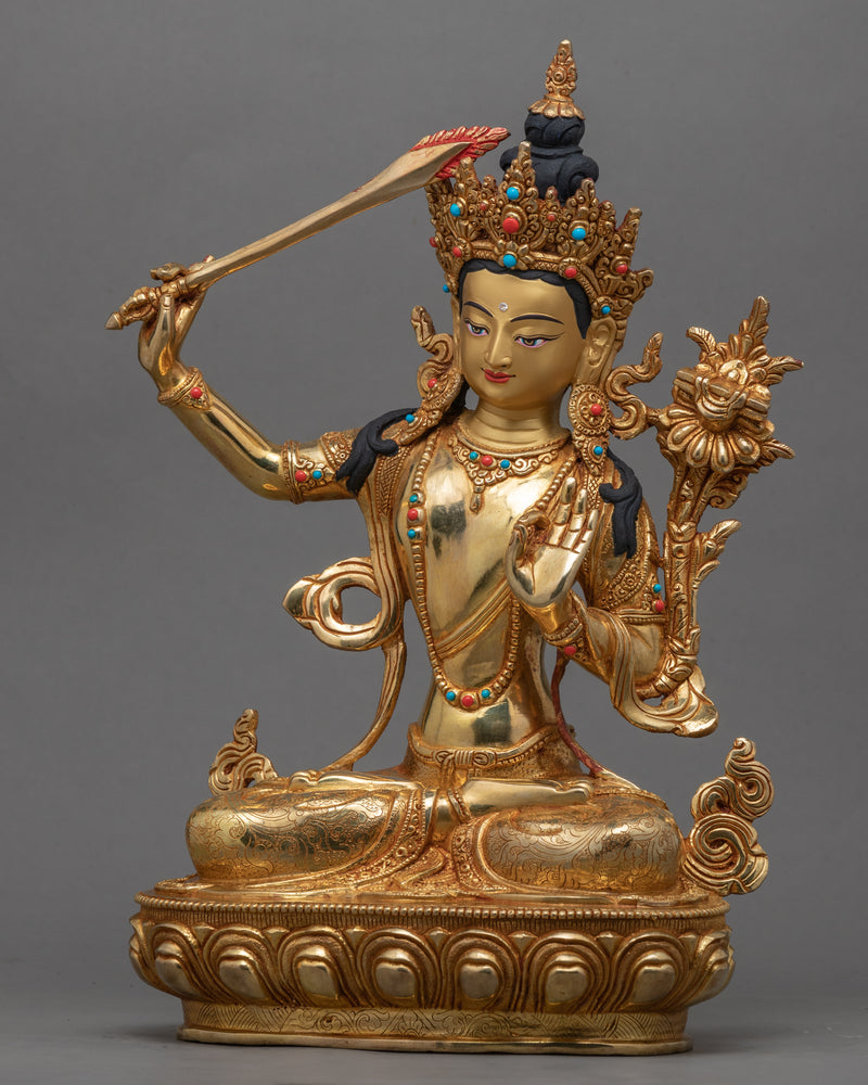 Manjushri Nama Samgiti Practice Statue | Buddhist Bodhisattva Of Compassion Gold Figurine