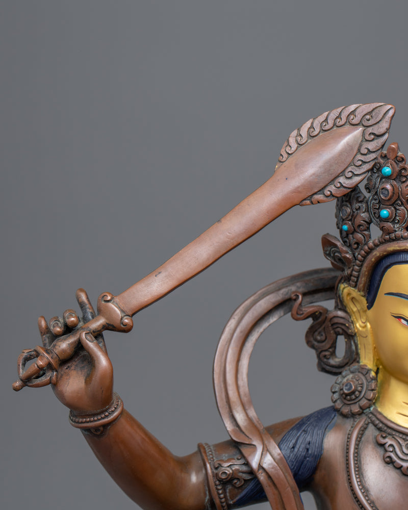 Gold-Gilded Statue For Manjushri Mantra Benefits | Buddhist Deity Figurine For Ritual