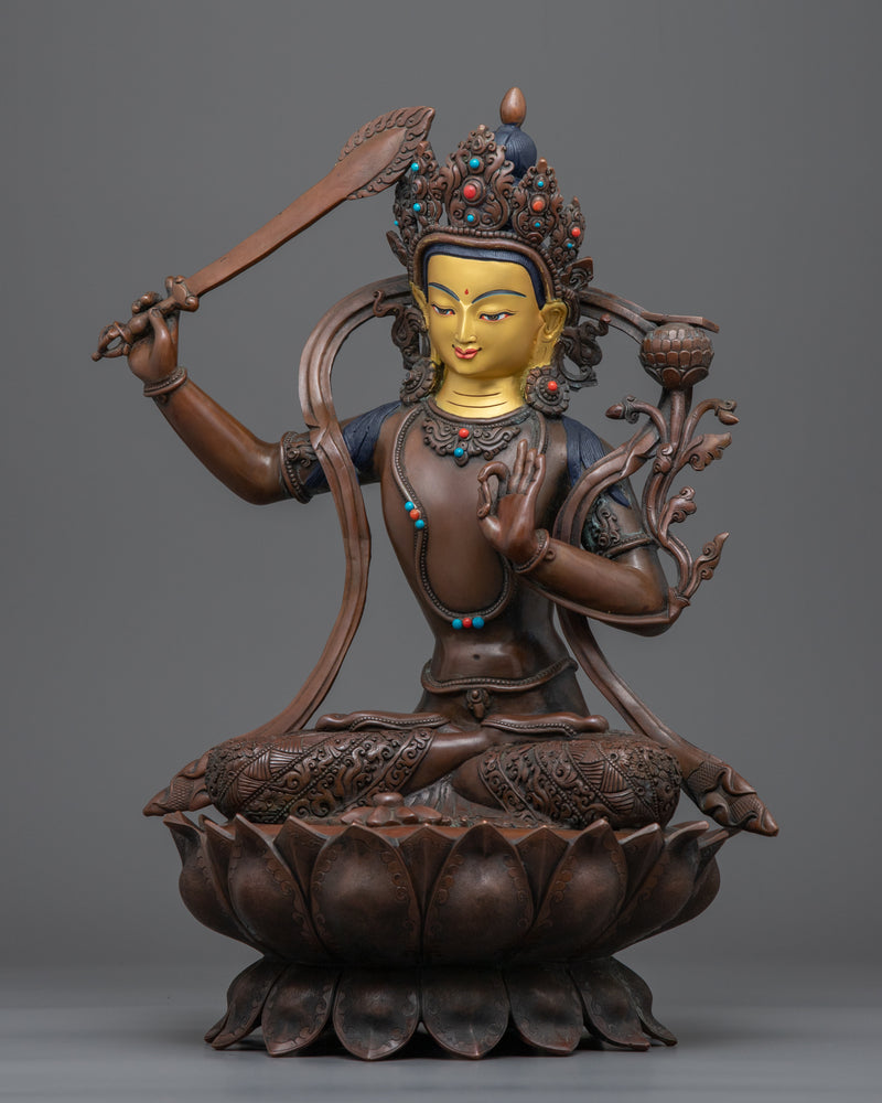 Gold-Gilded Statue For Manjushri Mantra Benefits | Buddhist Deity Figurine For Ritual