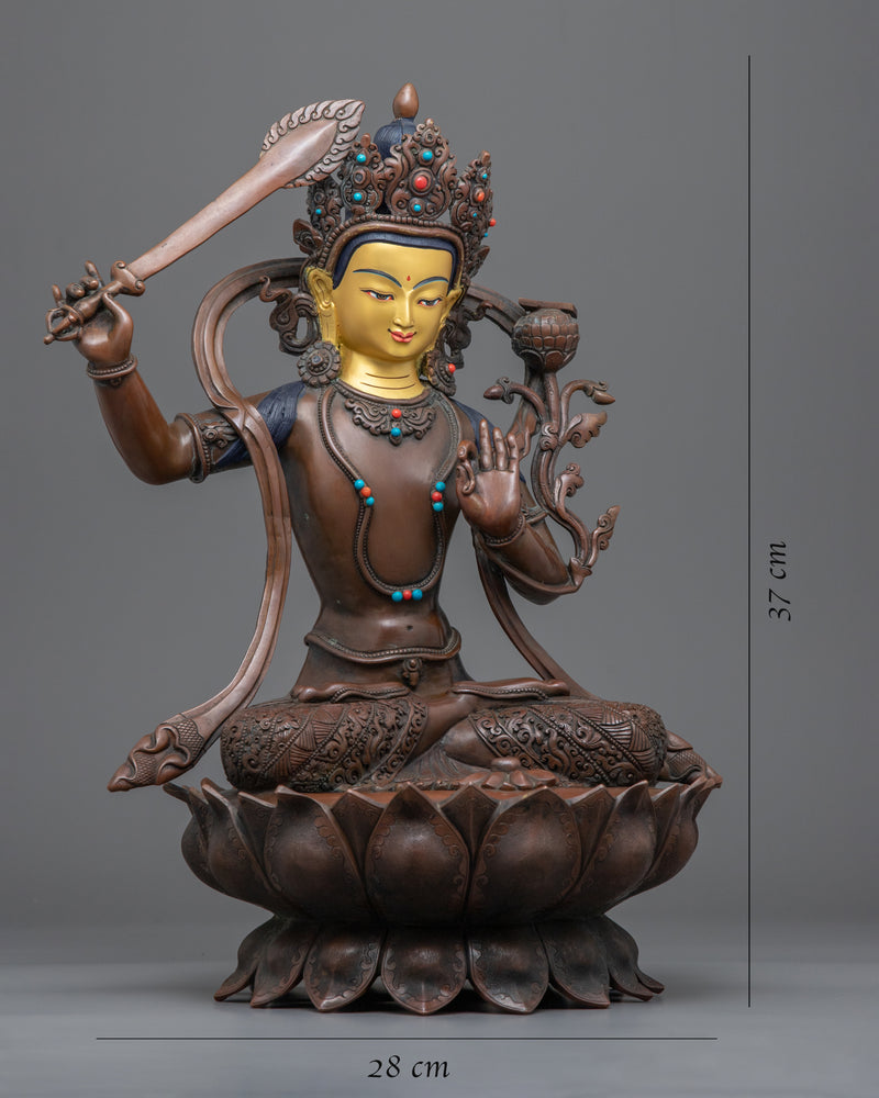 Gold-Gilded Statue For Manjushri Mantra Benefits | Buddhist Deity Figurine For Ritual