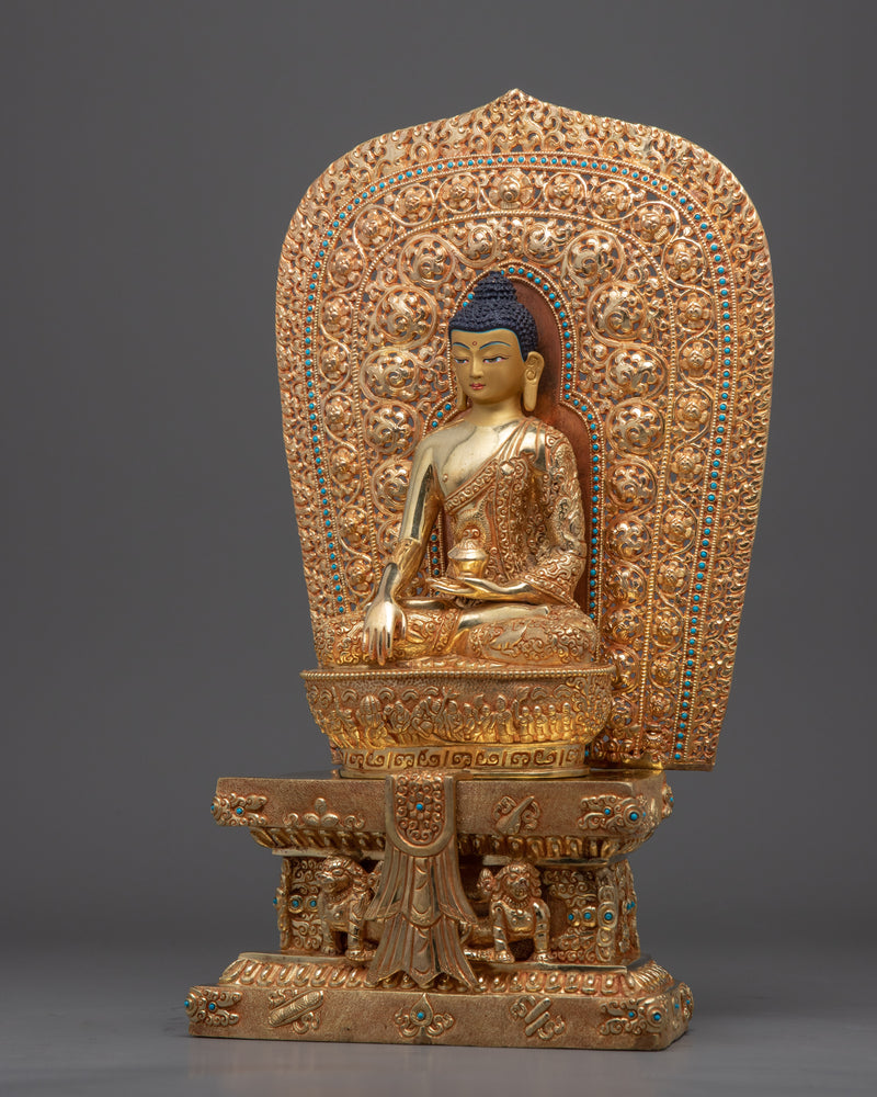 Shakyamuni Buddha Saint Seated On Throne Statue | 24K Gold Hand-Carved Statue