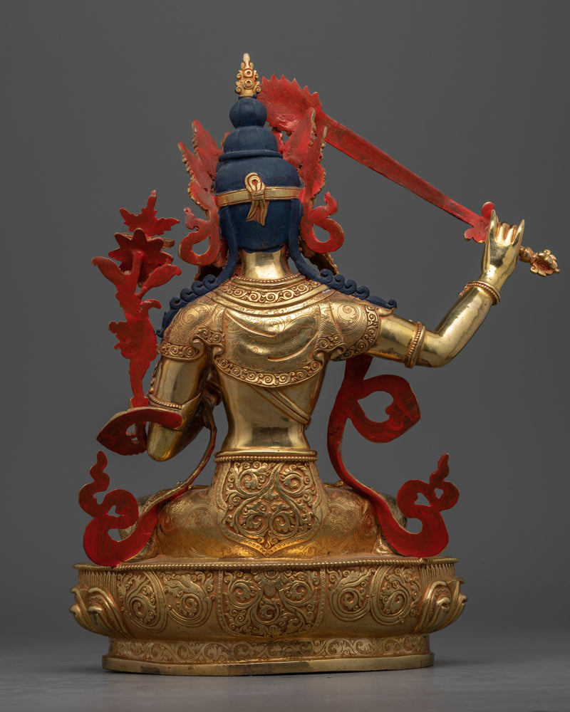 Manjushri Bodhisattva of Wisdom Statue | Gold Gilded Statue of Sword Wielding Bodhisattva