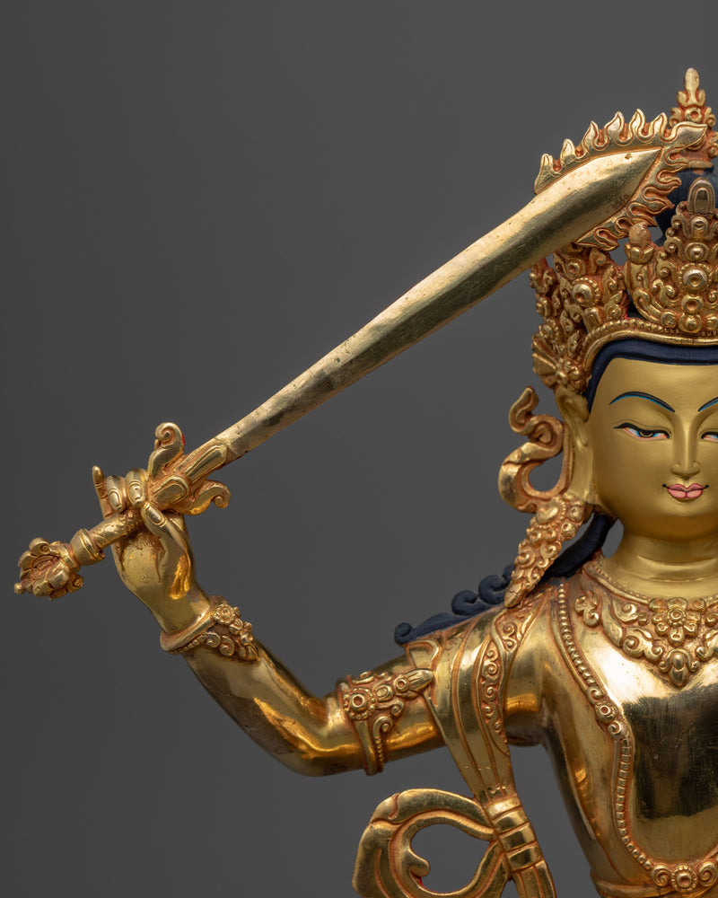 Manjushri Bodhisattva of Wisdom Statue | Gold Gilded Statue of Sword Wielding Bodhisattva