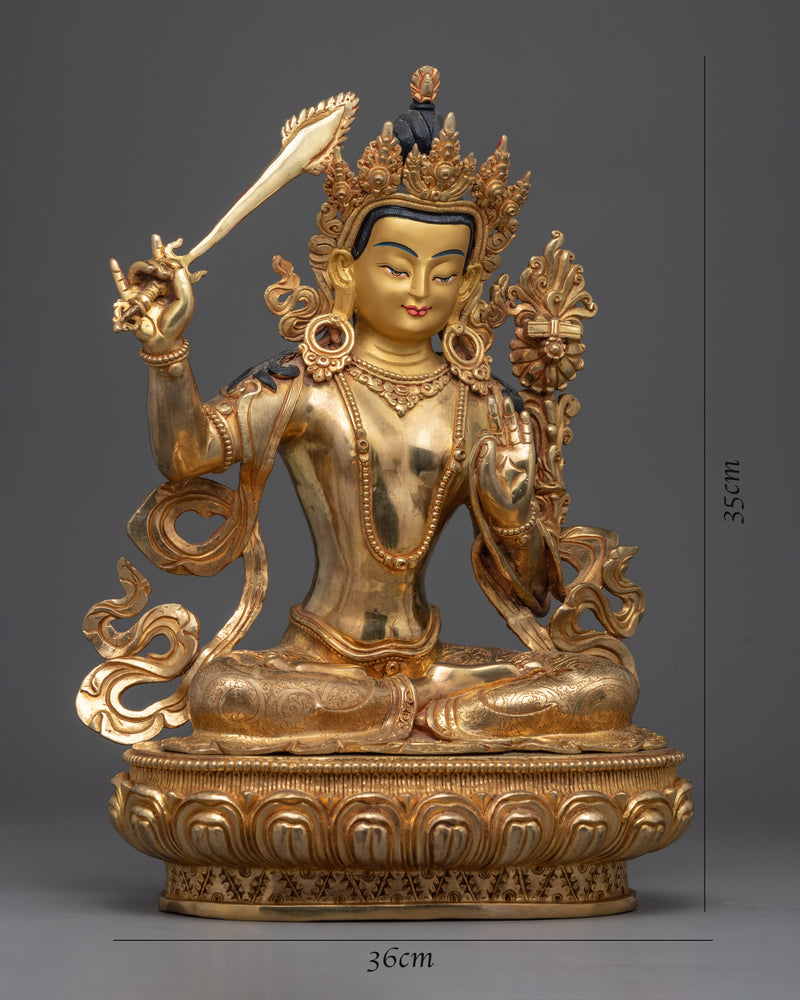 Gold Gilded Manjushri Meditation Practice Statue | Traditional Bodhisattva Art