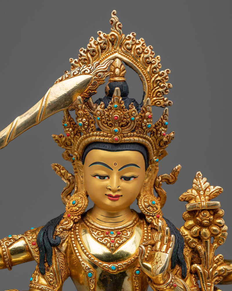 Manjushri, Bodhisattva of Wisdom, Statue | Genuine Gold Gilded Sculpture