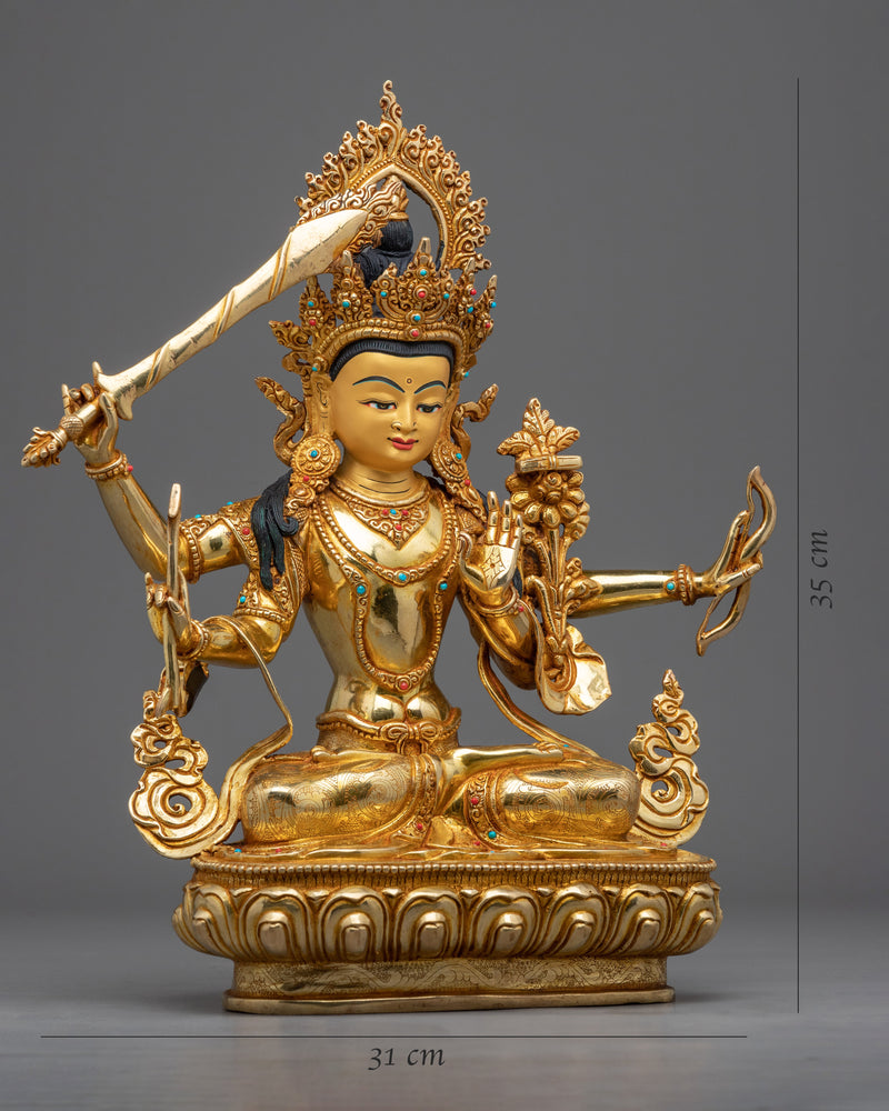 Manjushri, Bodhisattva of Wisdom, Statue | Genuine Gold Gilded Sculpture