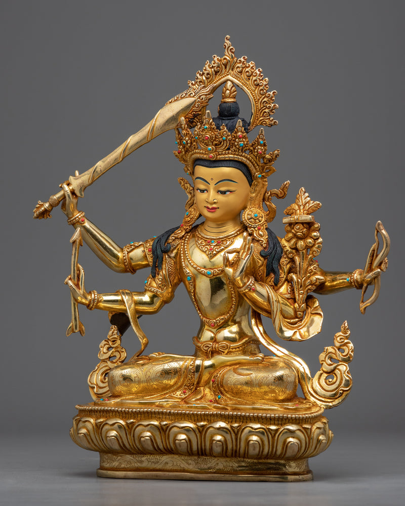 Manjushri, Bodhisattva of Wisdom, Statue | Genuine Gold Gilded Sculpture