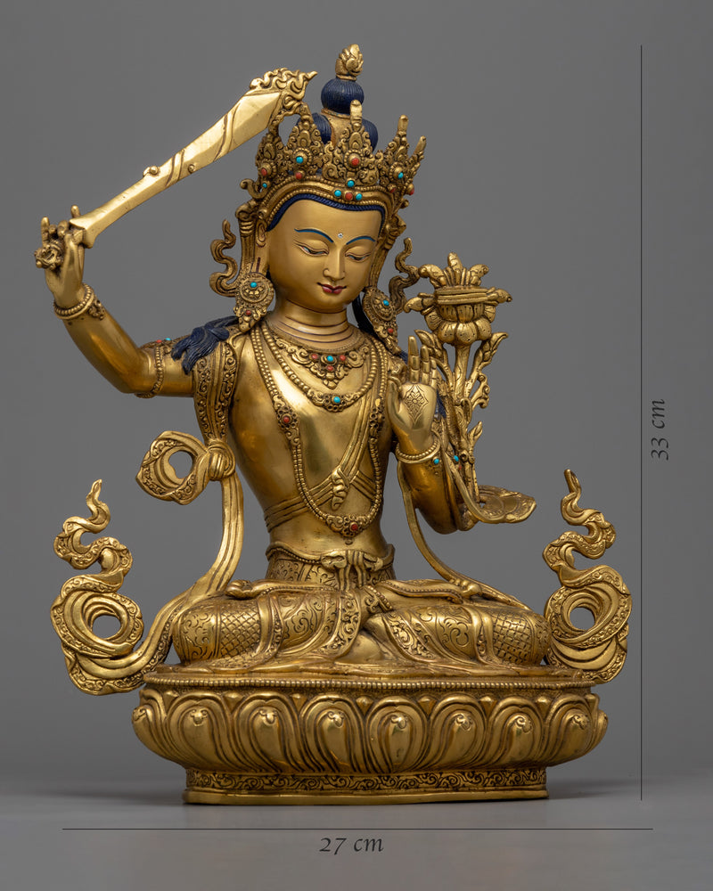 Bodhisattva Manjushri, of Wisdom Statue | Gold Gilded Buddhist Art