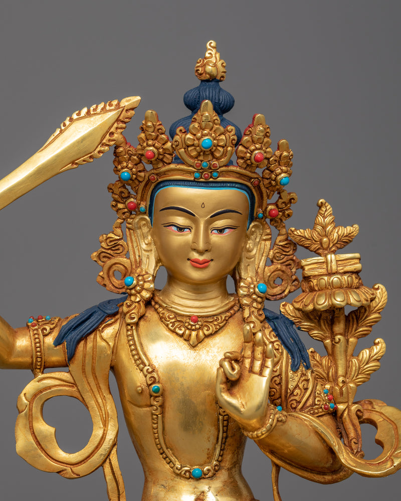 Manjushri Bodhisattva Wielding Fiery Sword Statue | Buddha-to-Be Manjushri Artwork