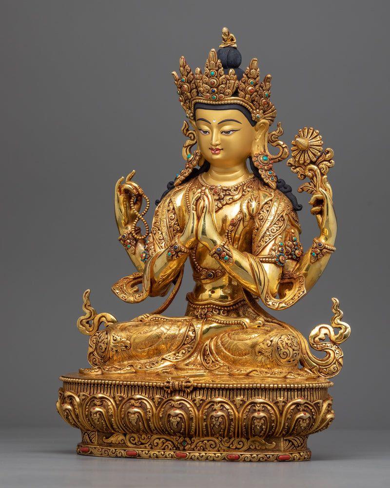 Chenrezig: Buddhism Many Arms Deity of Boundless Compassion | Gold Gilded Statuette