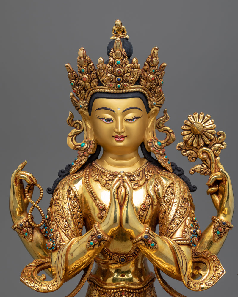 Chenrezig: Buddhism Many Arms Deity of Boundless Compassion | Gold Gilded Statuette