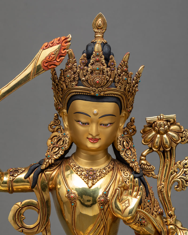 Manjushree Statue | 24K Gold Glided | Himalayan Buddhist Art