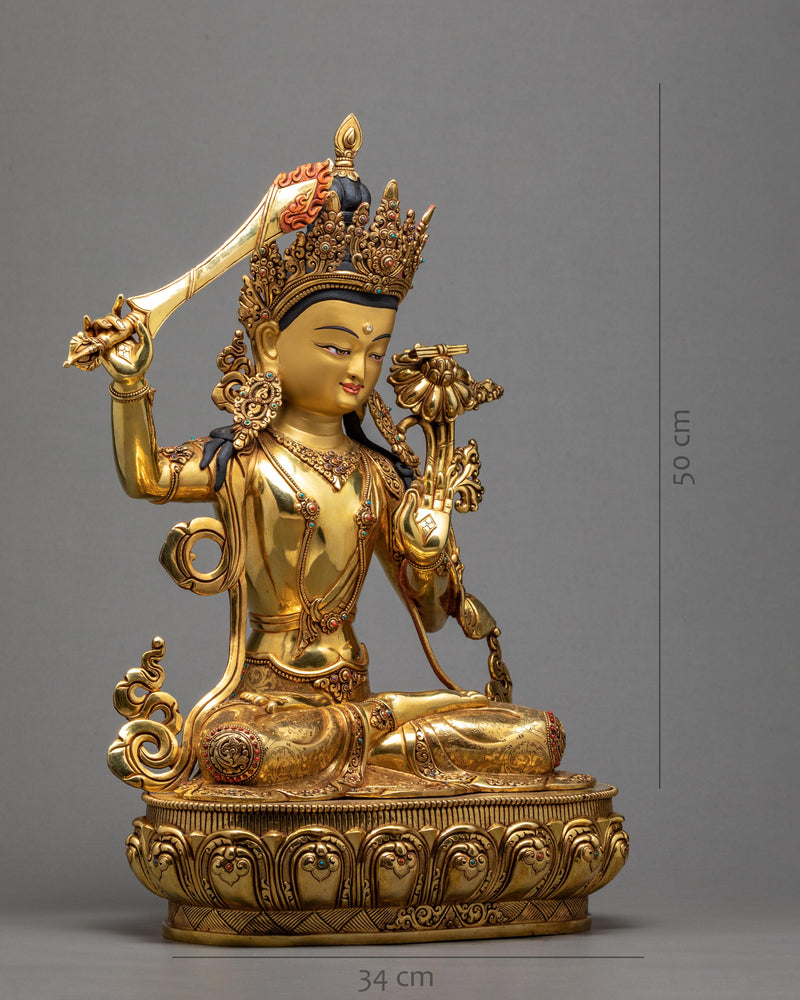 Manjushree Statue | 24K Gold Glided | Himalayan Buddhist Art