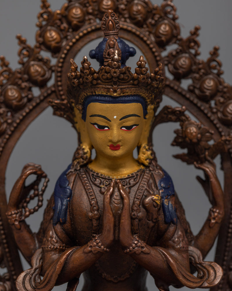 Gold Gilded Chenrezig Sadhana Sculpture | Bodhisattva Alovakiteshvara Miniature Art